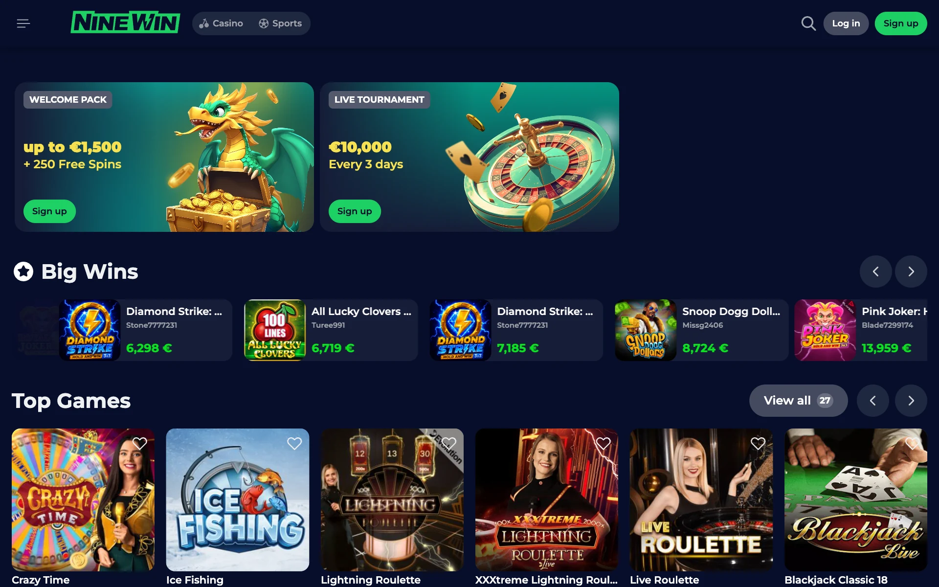 NineWin live casino lobby with dealer tables