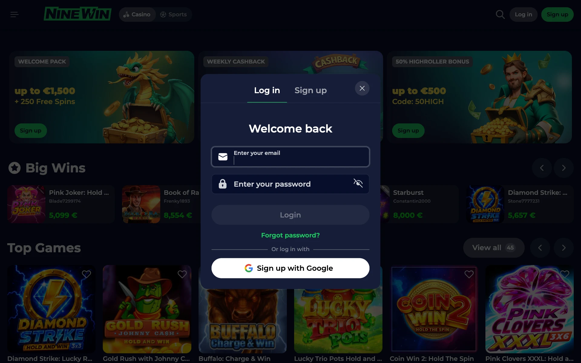 NineWin login window over the lobby